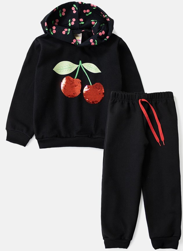 Conjunto Infantil Feminino Moletom Cereja Preto 0125