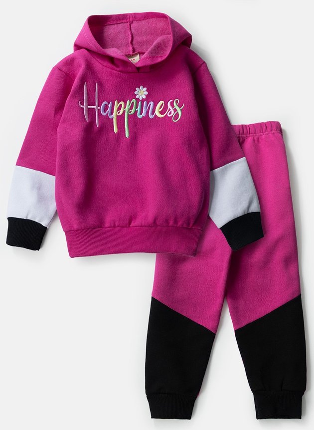 Conjunto Infantil Feminino Moletom Bordado Happiness Pink 0149