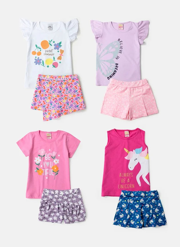 Kit Sortido 8 peças de Roupa Infantil Menina - 4 camisetas + 4 bermudas - kit 4 Conjuntos Menina
