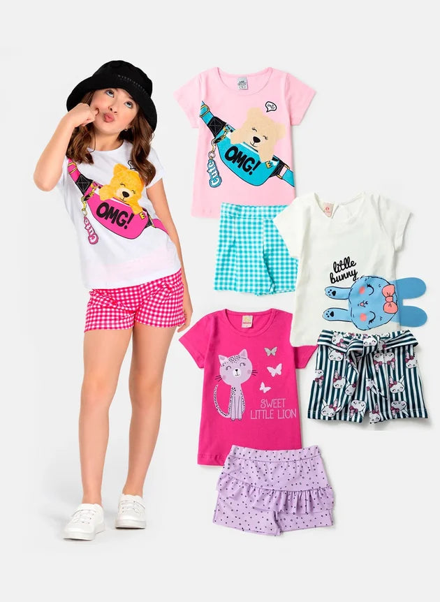 Kit Sortido 10 peças de Roupa Infantil Menina - 5 camisetas + 5 bermudas - kit 5 Conjuntos Menina