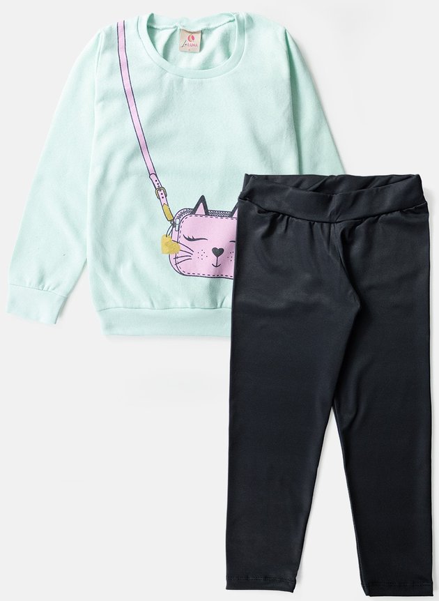 Conjunto Infantil Feminino Moletom Bolsa Gatinha Verde Água 0044
