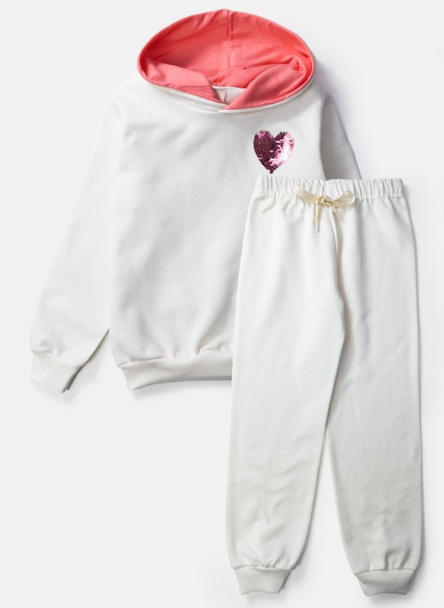 Conjunto Infantil Feminino Moletom com Capuz Coração Lantejoula Creme 0053