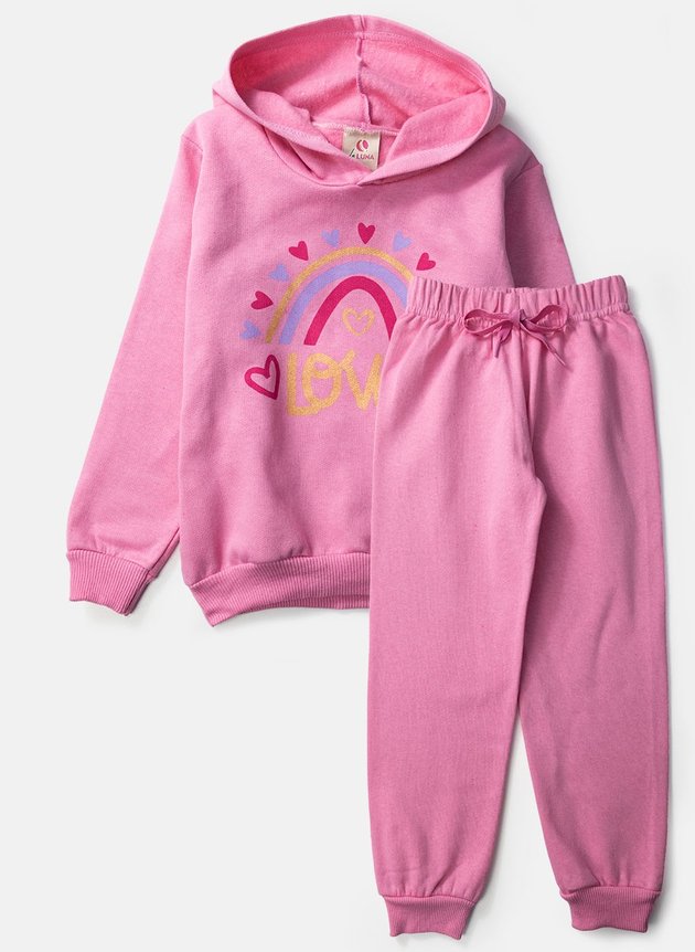 Conjunto Infantil Feminino Moletom com Capuz Love Rosa 0043