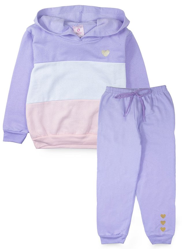 Conjunto Infantil Feminino Moletom com Capuz Coração Rosa 0015