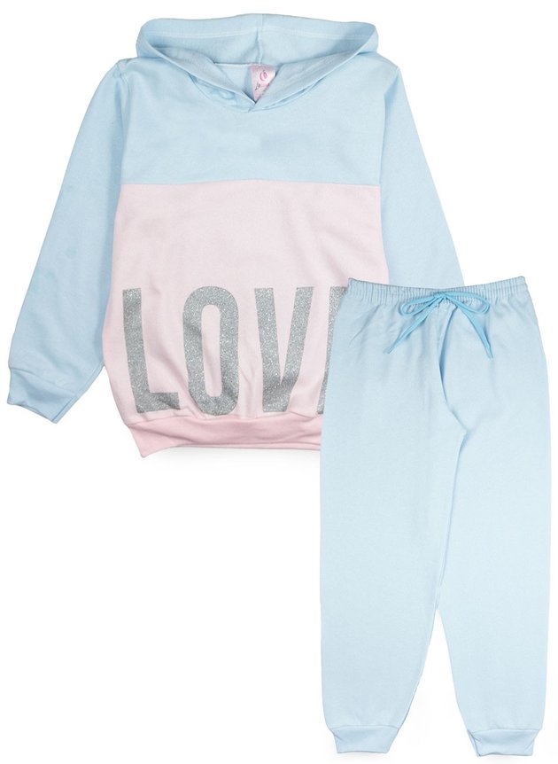 Conjunto Infantil Feminino Moletom com Capuz Recorte Love Azul 0009