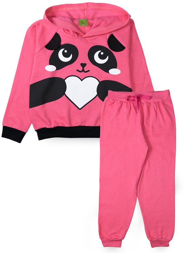 Conjunto Infantil Feminino Moletom com Capuz Ursinha com Orelhas Rosa 0074