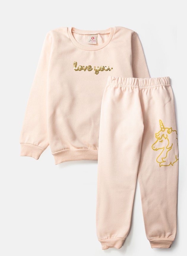 Conjunto Infantil Feminino Moletom Love You Salmão 0072