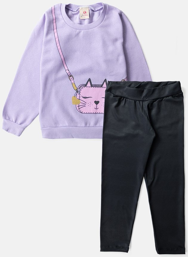 Conjunto Infantil Feminino Moletom Bolsa Gatinha Lilás 0044