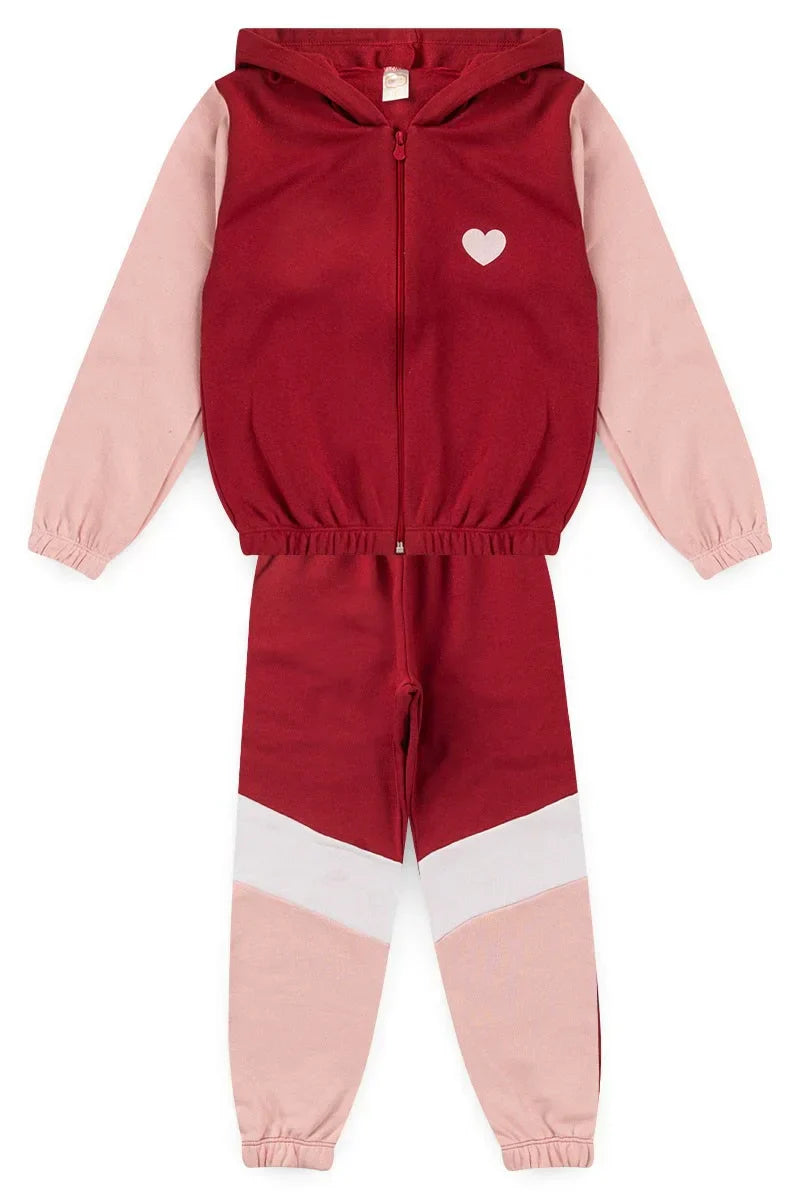 Conjunto Moletom Infantil Menina c/ Capuz e Zíper Coração Bordô
