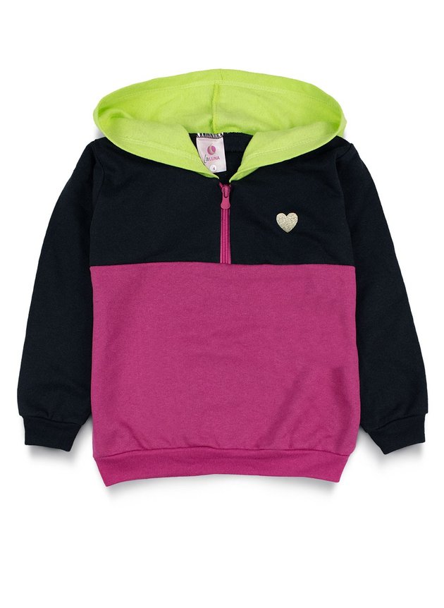 Conjunto Infantil Feminino Moletom C/Capuz Neon e Zíper 0021 Preto