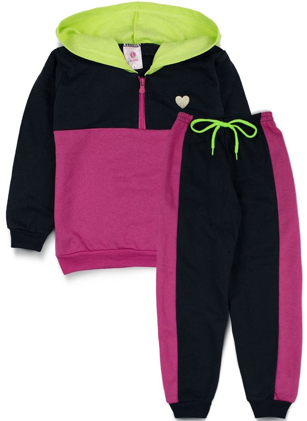 Conjunto Infantil Feminino Moletom C/Capuz Neon e Zíper 0021 Preto
