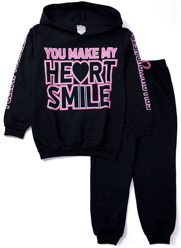 Conjunto Infantil Feminino Moletom com Capuz You Make My Heart Smile Preto 0028 - Lupilu