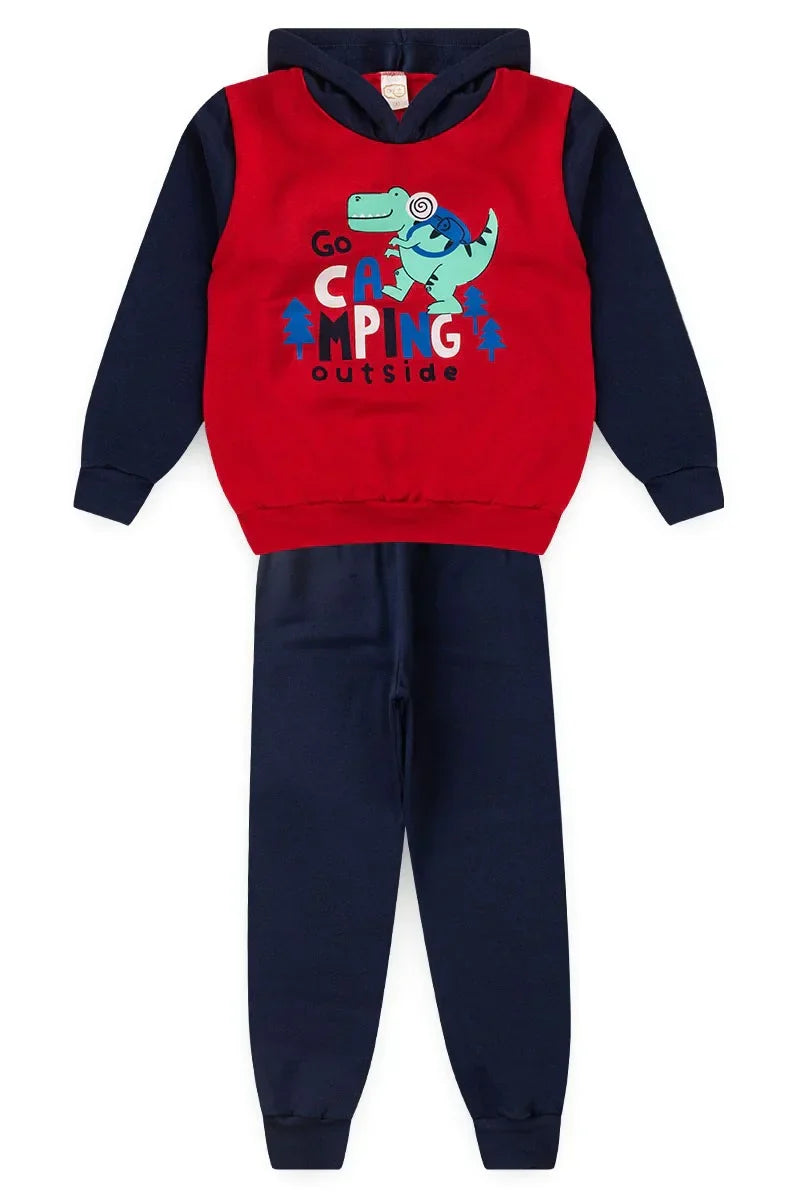 Conjunto Moletom Infantil Menino c/ Capuz Dino Camping Vermelho