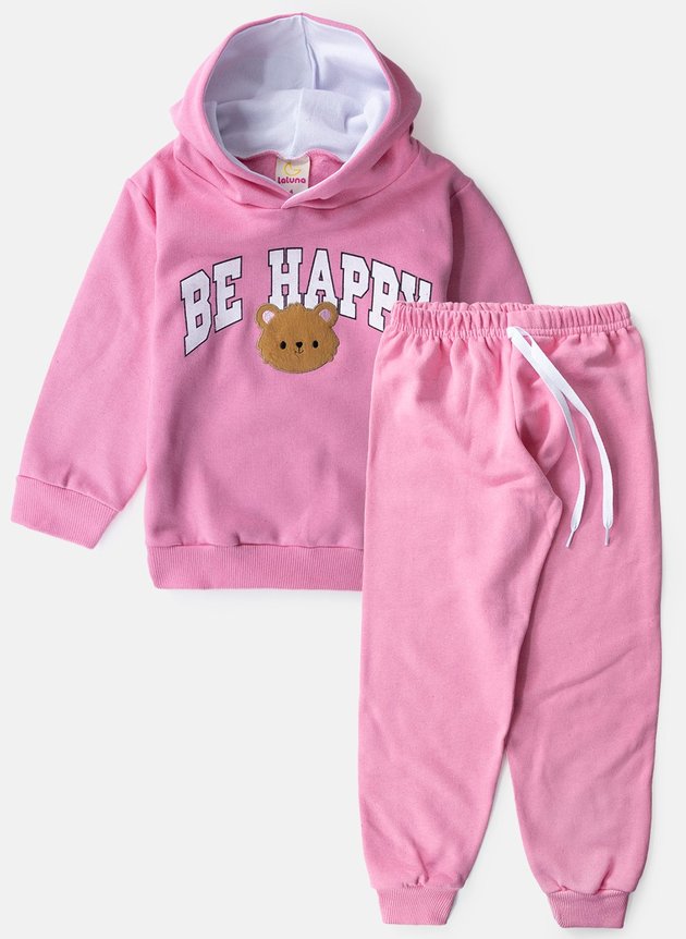 Conjunto Infantil Feminino Moletom Be Happy Rosa 0174
