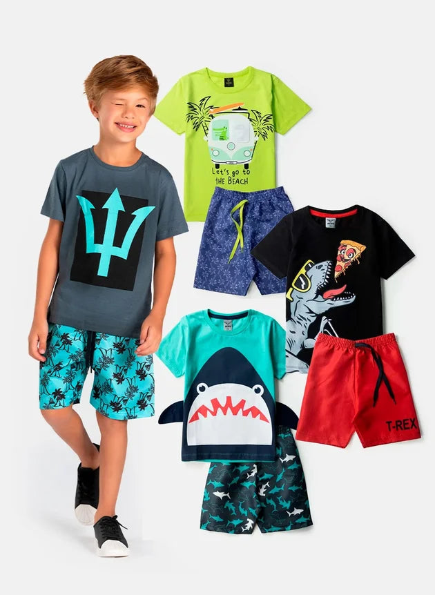 Kit Sortido 10 peças de Roupa Infantil Menino - 5 camisetas + 5 bermudas - kit 5 Conjuntos Menino