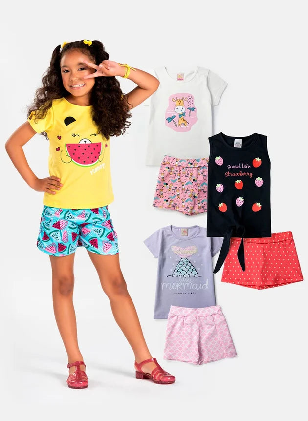 Kit Sortido 8 peças de Roupa Infantil Menina - 4 camisetas + 4 bermudas - kit 4 Conjuntos Menina