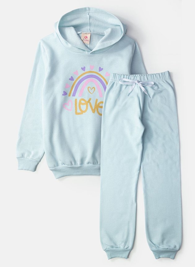 Conjunto Infantil Feminino Moletom com Capuz Love Azul 0043