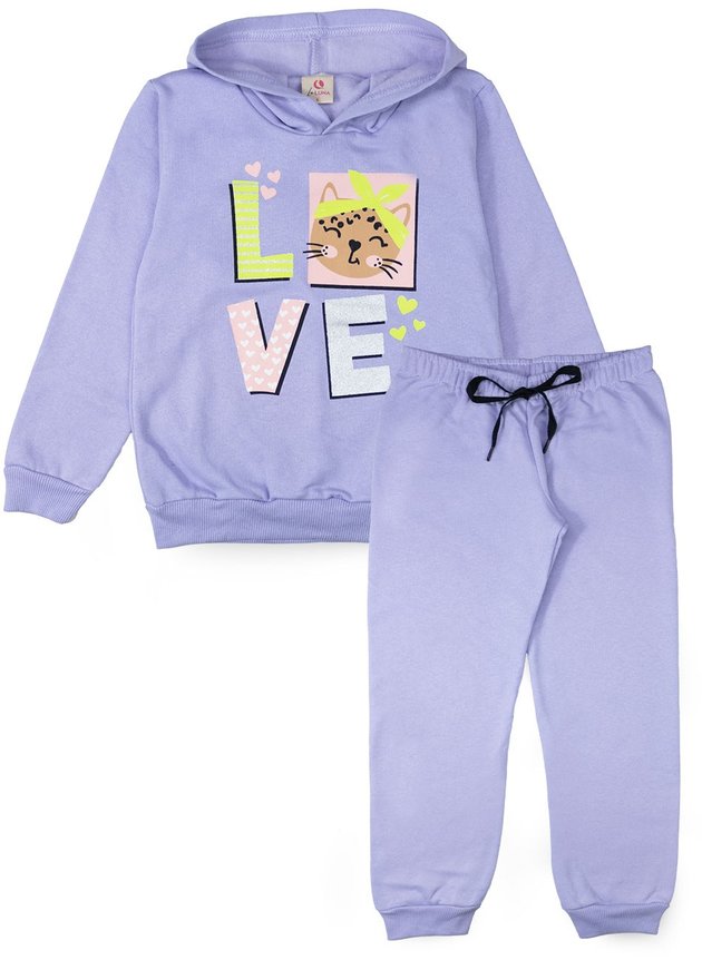 Conjunto Infantil Feminino Moletom com Capuz Love Gatinha Lilás 0495