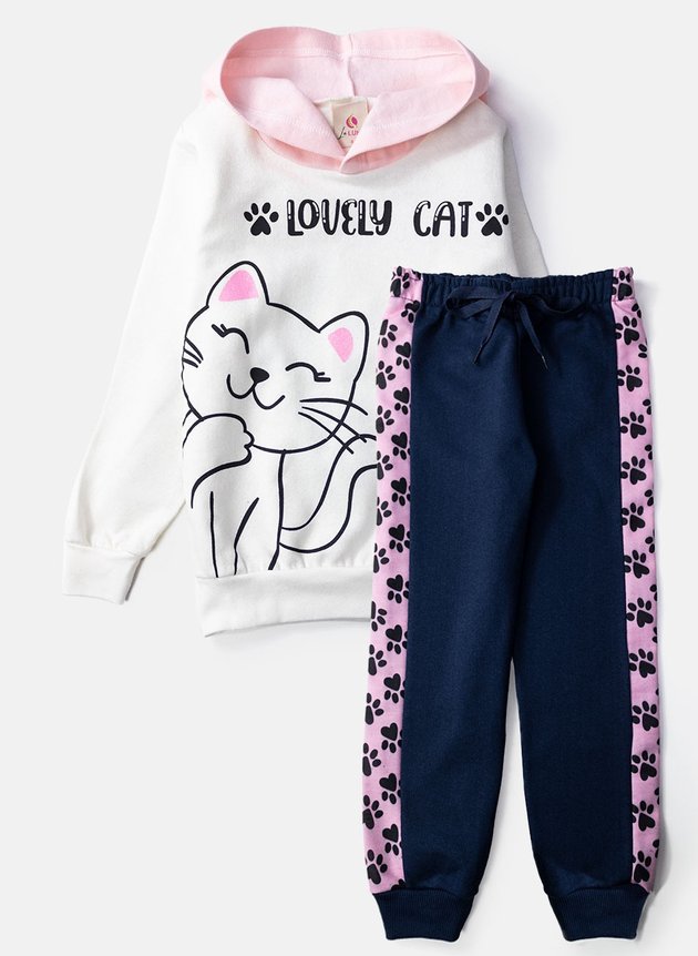 Conjunto Infantil Feminino Moletom com Capuz Lovely Cat Creme 493