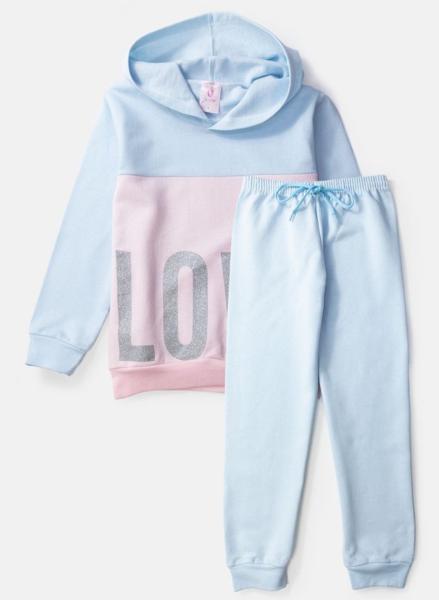 Conjunto Infantil Feminino Moletom com Capuz Recorte Love Azul Claro 0009