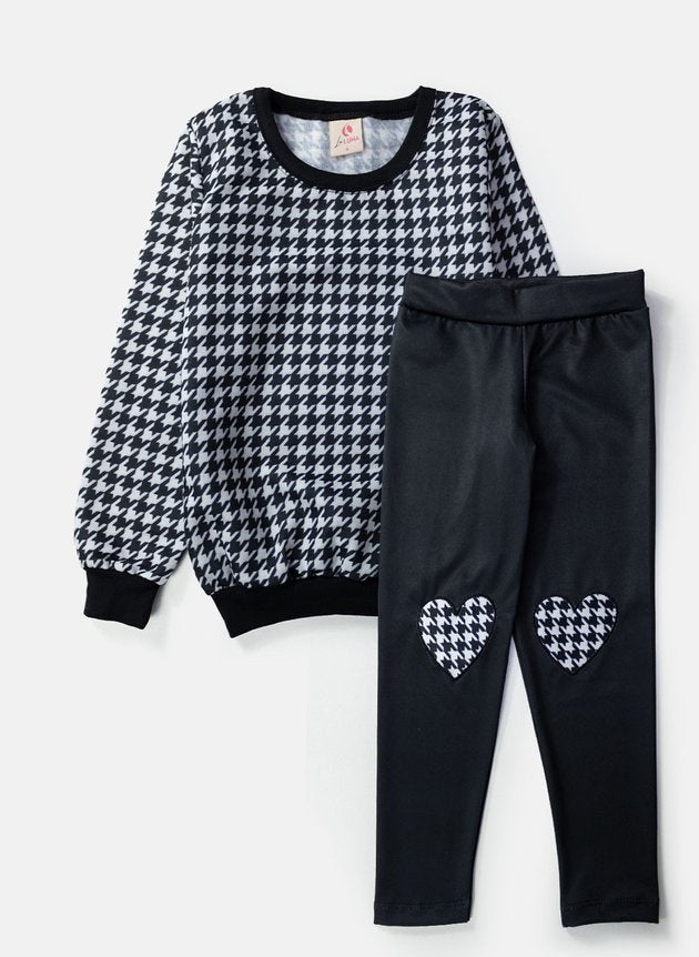 Conjunto Infantil Feminino Moletom Geométrico Preto e Branco 0046