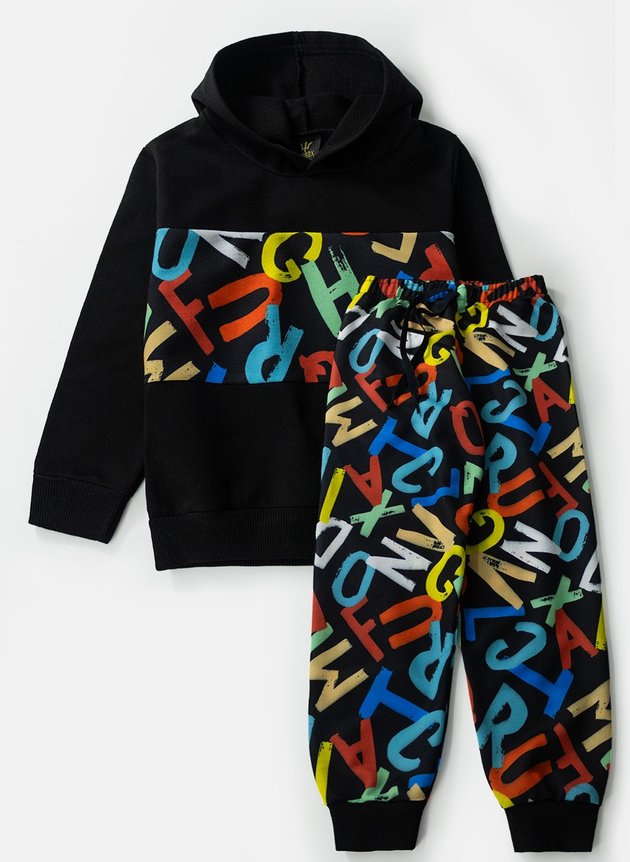 Conjunto Infantil Masculino Moletom com Capuz Letras Preto 0566 - Torrox