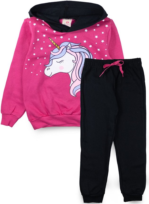 Conjunto Infantil Feminino Moletom com Capuz Unicórnio Pink 0488