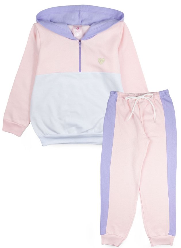 Conjunto Infantil Feminino Moletom com Capuz e Zíper Aplique Coração Lilás 0021
