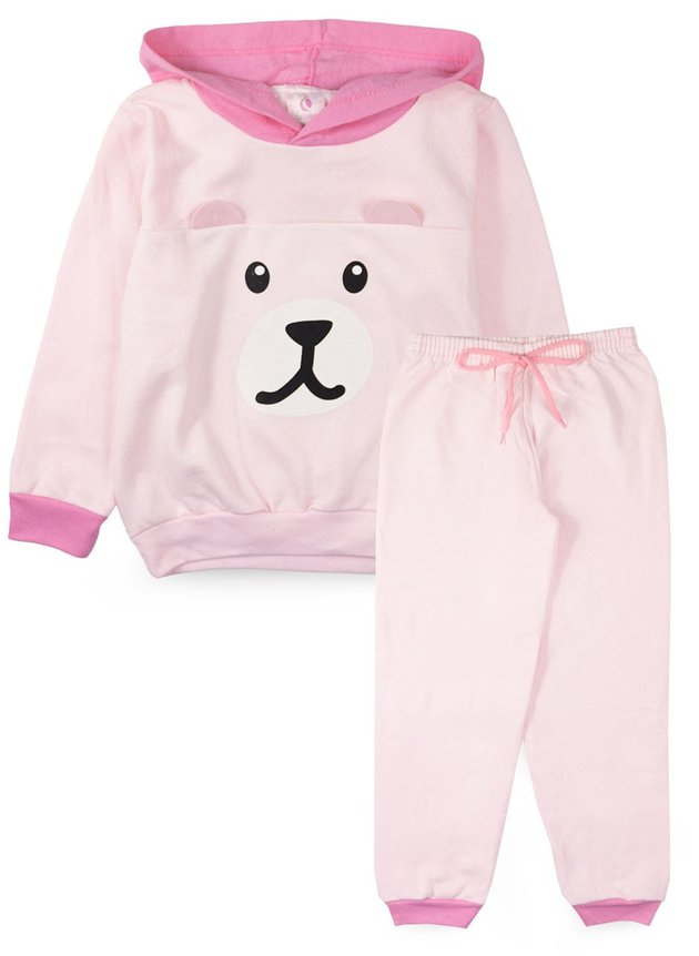 Conjunto Infantil Feminino Moletom com Capuz Urso Rosa 0029