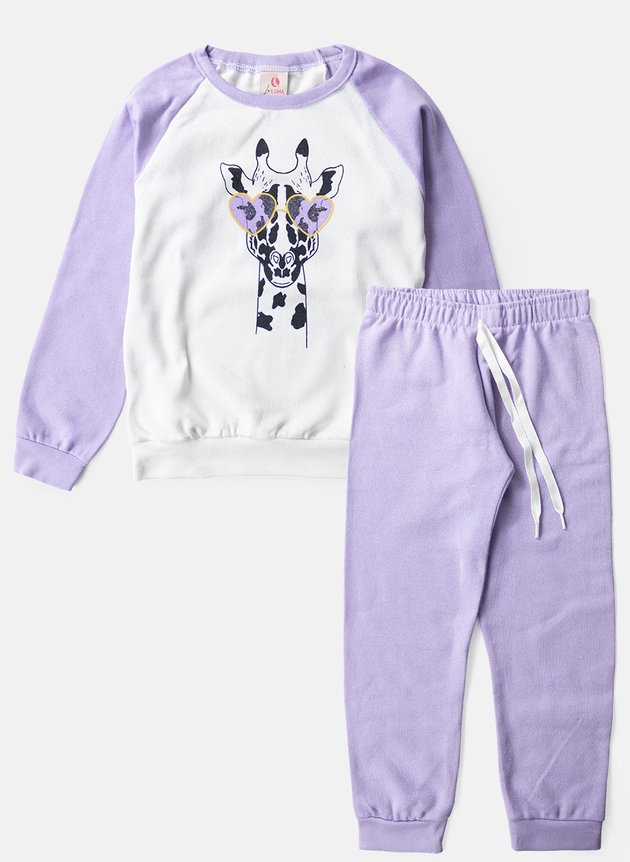 Conjunto Infantil Feminino Moletom Girafa com Óculos Lilás 0045