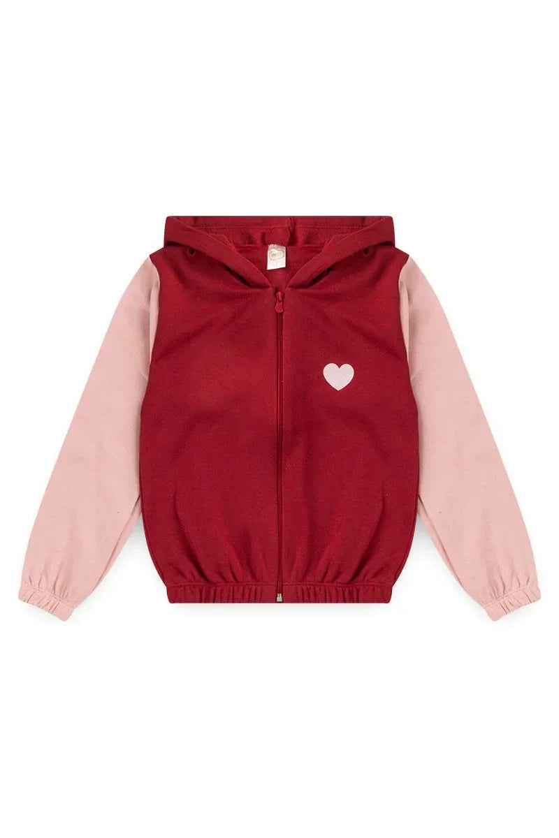 Conjunto Moletom Infantil Menina c/ Capuz e Zíper Coração Bordô