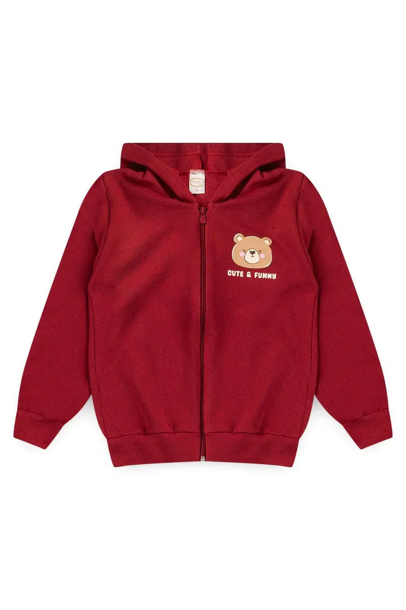 Conjunto Moletom Infantil Menina c/ Capuz e Zíper Cute Bear Bordô