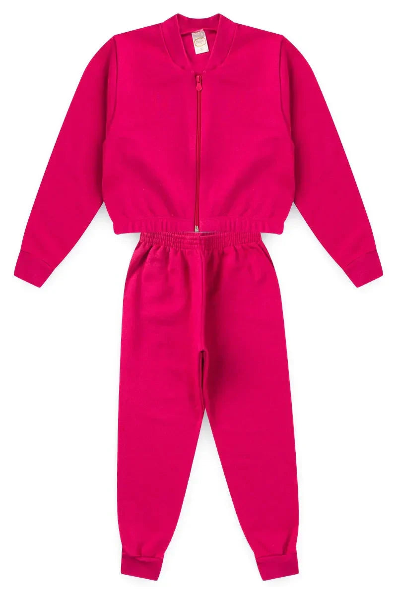 Conjunto Moletom Infantil Menina Cropped c/ Zíper Basic Pink