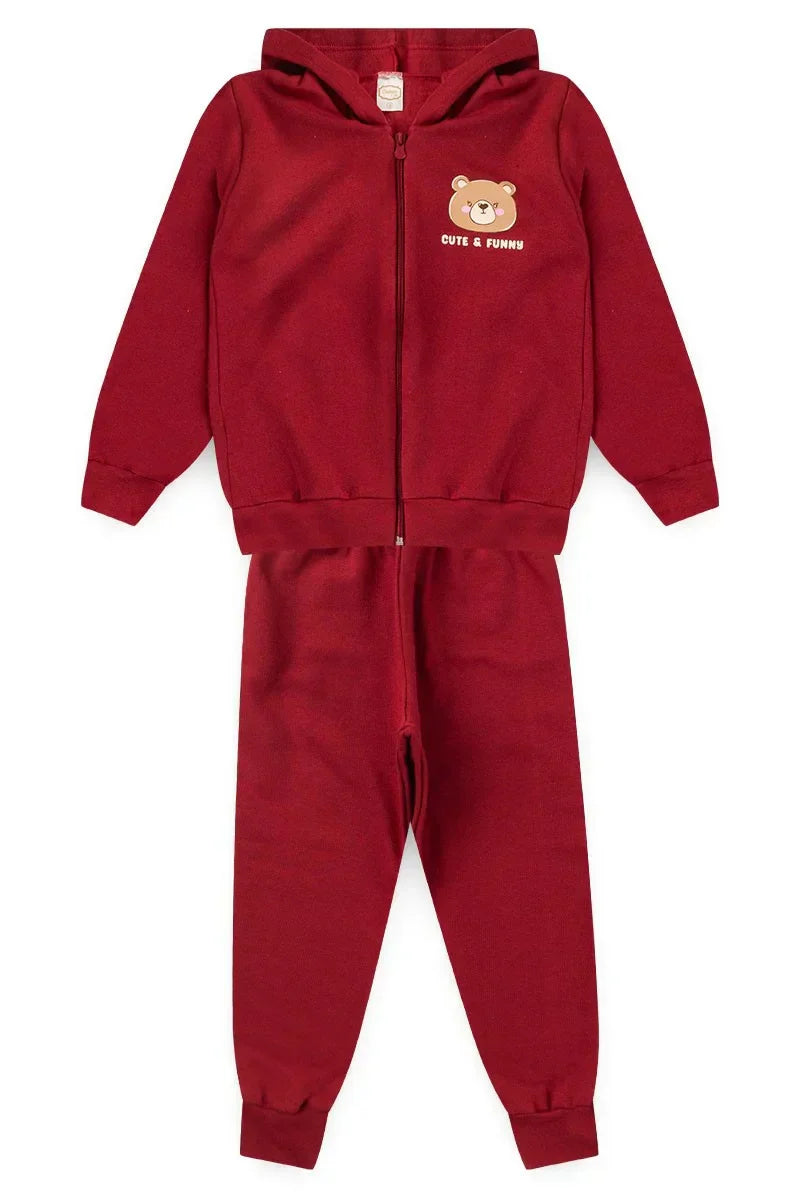 Conjunto Moletom Infantil Menina c/ Capuz e Zíper Cute Bear Bordô