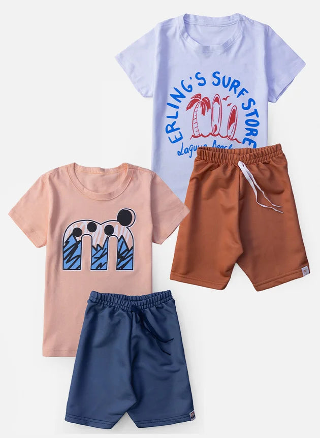 Kit 4 Peças Conjunto Infantil Masculino - 2 Blusas + 2 Shorts - Kit com 2 Conjuntos