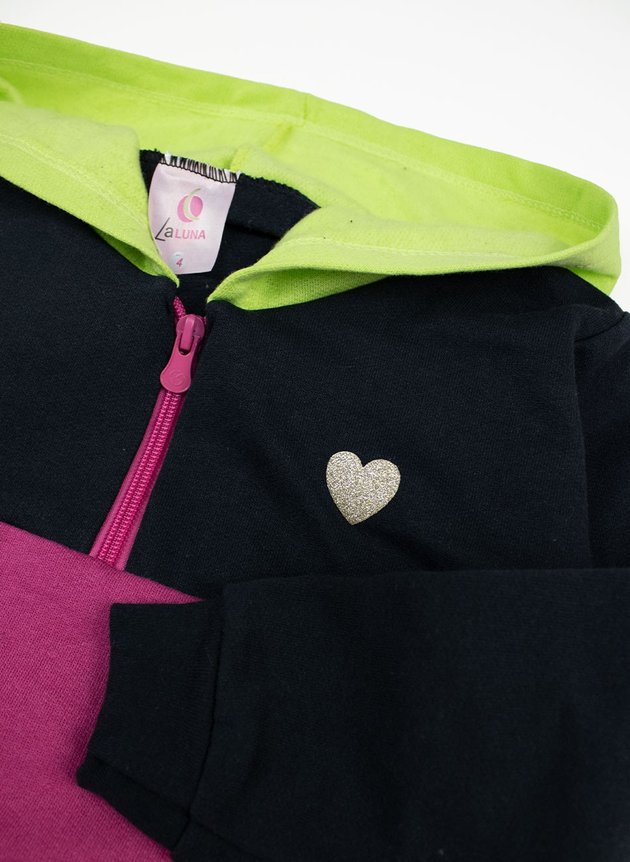 Conjunto Infantil Feminino Moletom C/Capuz Neon e Zíper 0021 Preto