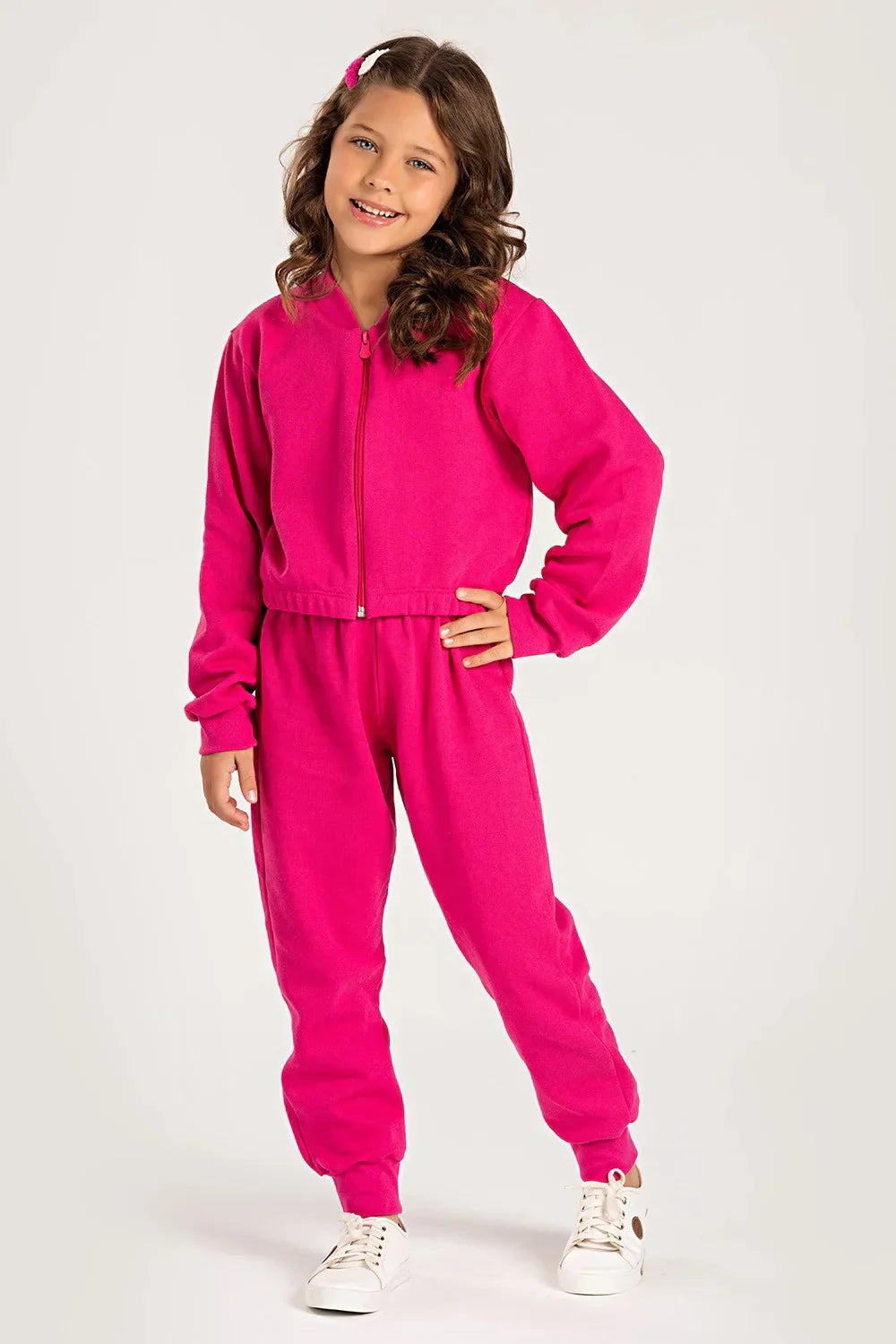 Conjunto Moletom Infantil Menina Cropped c/ Zíper Basic Pink