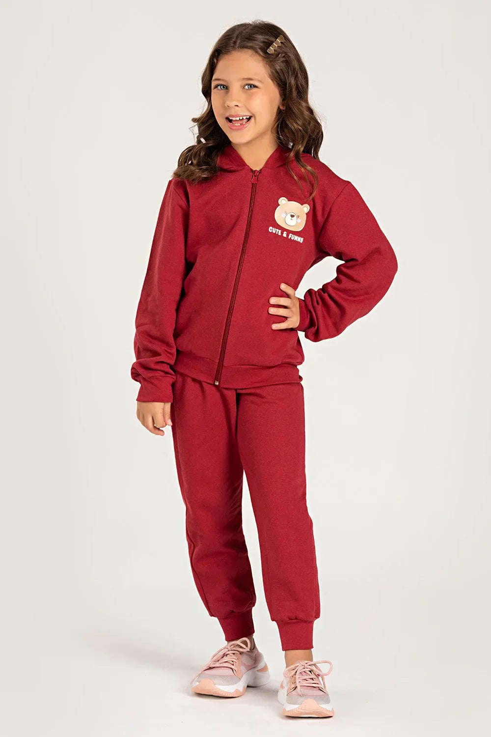 Conjunto Moletom Infantil Menina c/ Capuz e Zíper Cute Bear Bordô